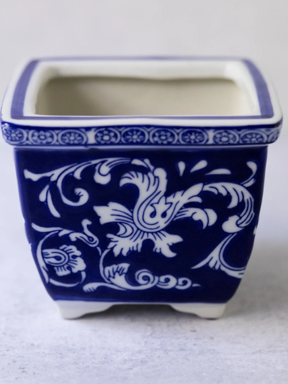 Blue white vintage square Asian chinoiserie ceramic planter 4.75